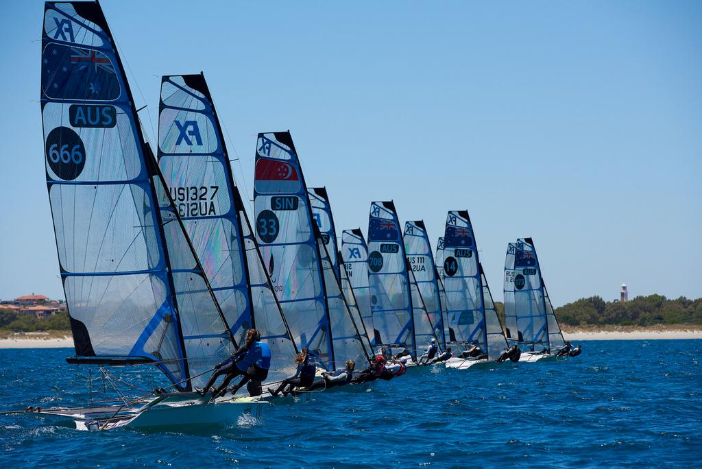 Strong fleet of 49erFXs lining up - 2014-15 Zhik Australian 9er Championships © David Price